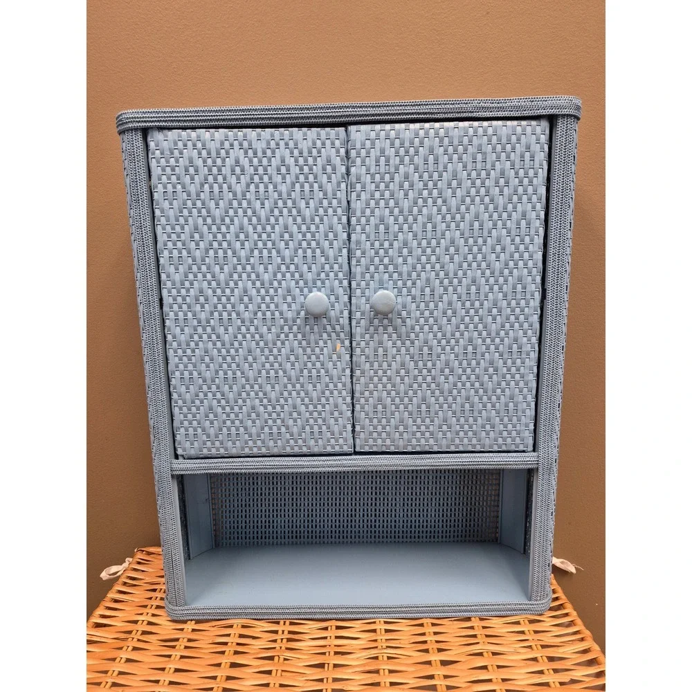 Vintage Blue Woven Wicker Wall Cabinet Bathroom Storage Double Door Shelf 23